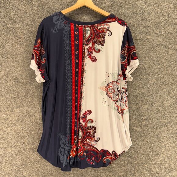 Nygard T-Shirt Women 2X Plus Blue Geometric V-Neck Short Sleeve Pullover Casual - Picture 2 of 6